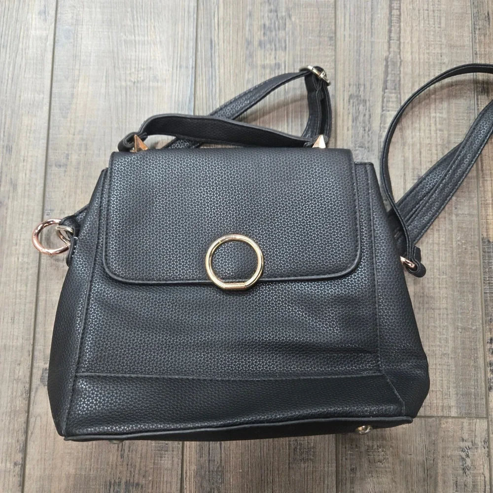 Black Pebbled Faux‎ Leather Convertible Backpack Satchel Rose Gold Ring Detail